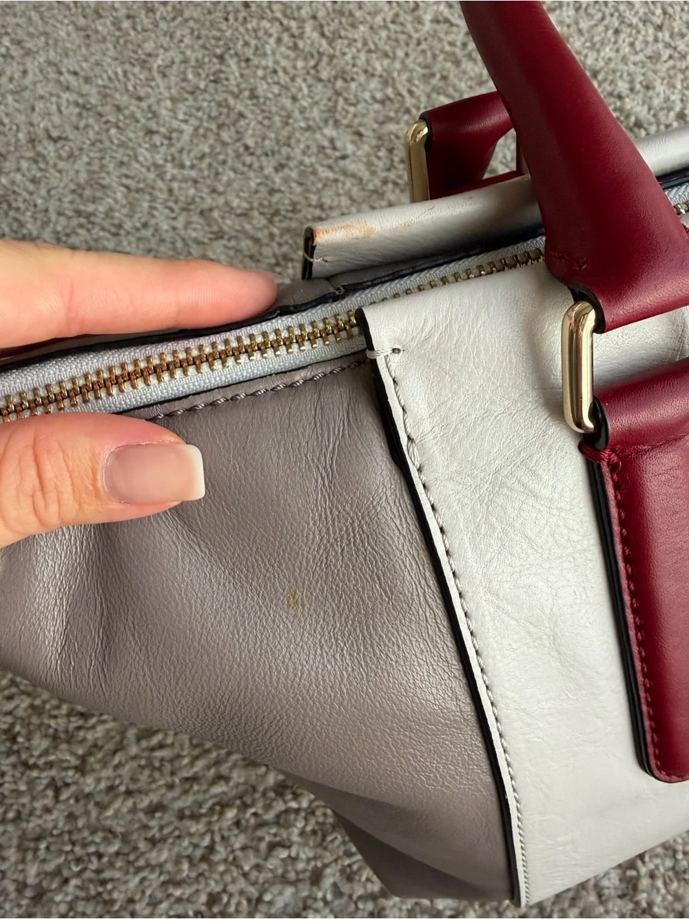 Marc by Marc Jacobs Colorblock Satchel Top Handle Bag Gray Beige Burgundy Zip
